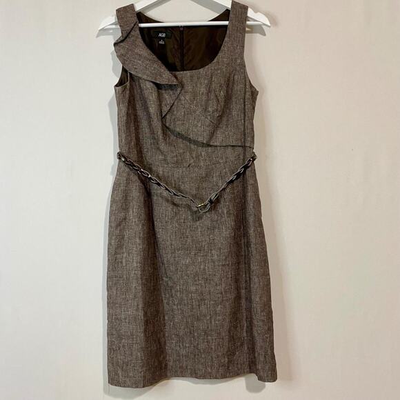 AGB Women’s Midi Business Ruffle Front Scoop Neck Dress Brown Size 6 EUC - Picture 2 of 10